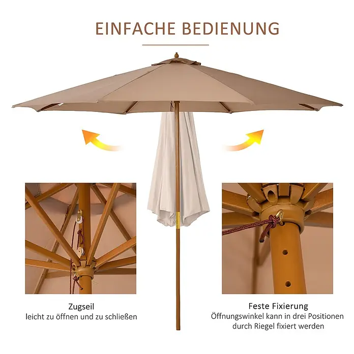 Outsunny Marktschirm rund - Khaki/Braun, Durchmesser Bespannung: 300 cm - Beiger Sonnenschirm mit Holzgestell, teilweise geöffnet. Verfügt über Zugseil zum einfachen Öffnen und Schließen und Bolzen zur Winkelarretierung in drei Positionen.