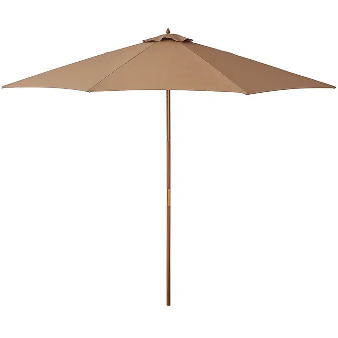 Outsunny Marktschirm rund - Khaki/Braun, Durchmesser Bespannung: 300 cm - Ein beiger Sonnenschirm für den Außenbereich mit einem braunen Holzstiel und Messingdetails.