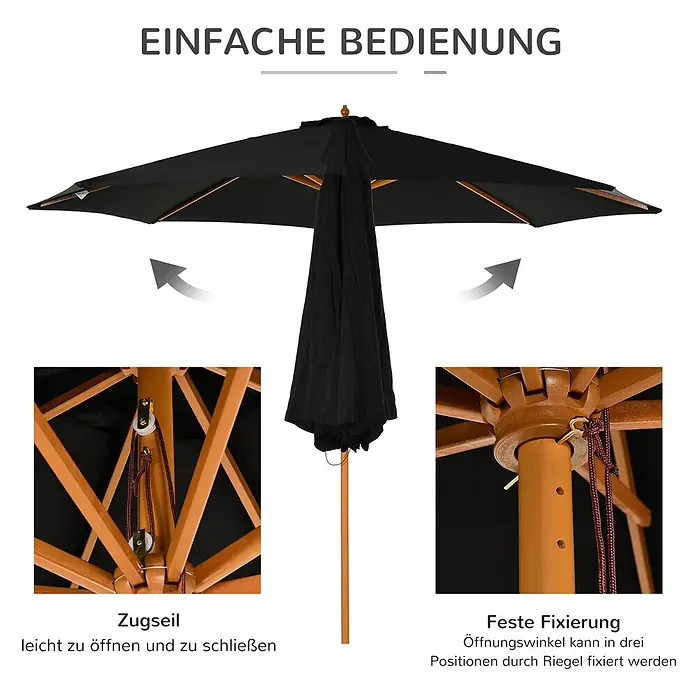 Outsunny Marktschirm rund - Schwarz, Durchmesser Bespannung: 300 cm - Schwarzer Terrassenschirm mit Holzgestell, Zugseil zum Öffnen und Stift zur Fixierung des Winkels in drei Positionen.