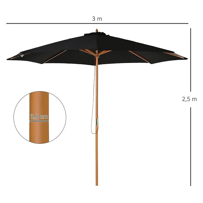 Outsunny Marktschirm rund - Schwarz, Durchmesser Bespannung: 300 cm - Schwarzer Gartenschirm mit Holzstange. Maße: 3m Durchmesser, 2,5m Höhe, Stange 3,8cm.