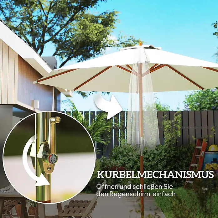 Outsunny Marktschirm rund - Weiß, Durchmesser Bespannung: 270 cm - Garten-Sonnenschirm mit cremefarbenem Stoff, Holzgestell und goldfarbenem Kurbelmechanismus zum einfachen Öffnen und Schließen im Garten.
