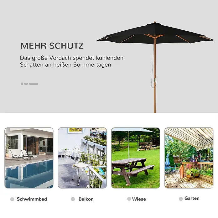Outsunny Marktschirm rund - Schwarz, Durchmesser Bespannung: 300 cm - Schwarzer Sonnenschirm mit Holzstange, spendet Schatten für Pool, Balkon oder Garten.