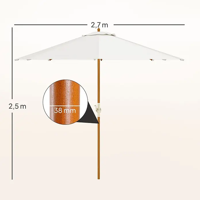 Outsunny Marktschirm rund - Weiß, Durchmesser Bespannung: 270 cm - Weißer Gartenschirm mit Holzstange. Maße: Höhe 2,5m, Durchmesser 2,7m, Stangendurchmesser 38mm.