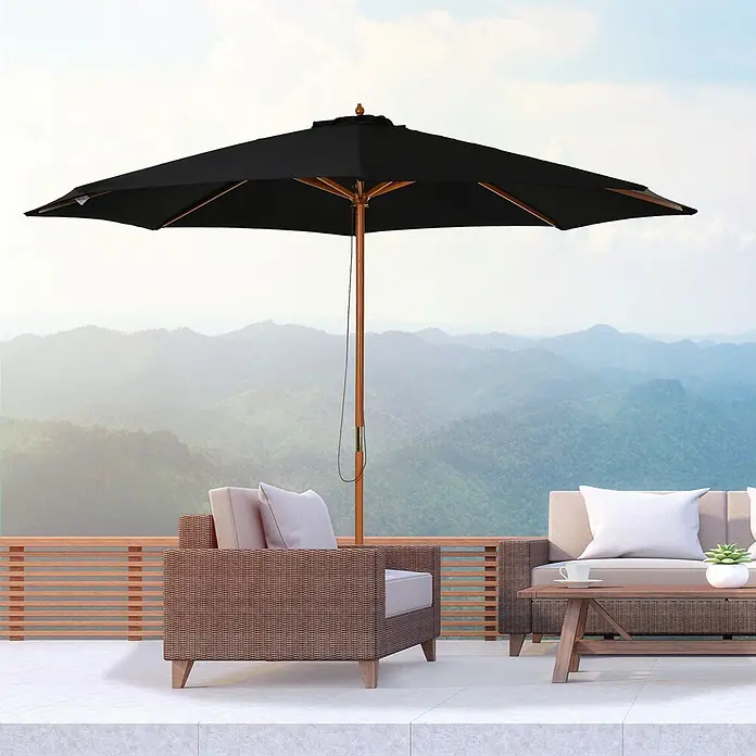 Outsunny Marktschirm rund - Schwarz, Durchmesser Bespannung: 300 cm - Großer schwarzer Terrassenschirm mit Holzstange spendet Schatten für einen Außenbereich.