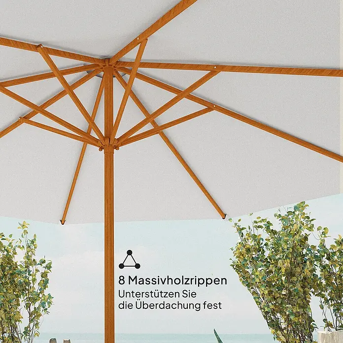 Outsunny Marktschirm rund - Weiß, Durchmesser Bespannung: 270 cm - Unterseite eines Gartenschirms mit weißem Bezug und 8 stabilen Massivholzrippen, die die Überdachung fest stützen.