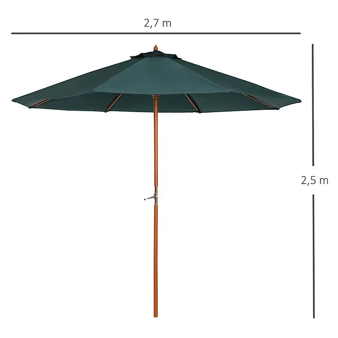 Outsunny Marktschirm rund - Grün, Durchmesser Bespannung: 270 cm - Dunkelgrüner Gartenschirm mit Holzstange, 2,7m Durchmesser und 2,5m hoch.