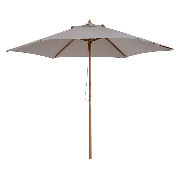 Outsunny Marktschirm rund - Grau, Durchmesser Bespannung: 250 cm - Hellgrauer Sonnenschirm mit Holzstange und -rippen, vollständig geöffnet dargestellt.