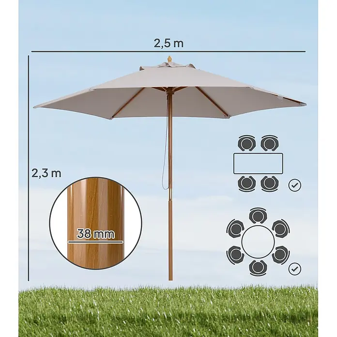 Outsunny Marktschirm rund - Grau, Durchmesser Bespannung: 250 cm - Beiger Outdoor-Sonnenschirm mit Holzstange, 2,5 m Durchmesser, 2,3 m hoch, 38 mm Stange. Für 4-6 Personen Essbereiche geeignet.