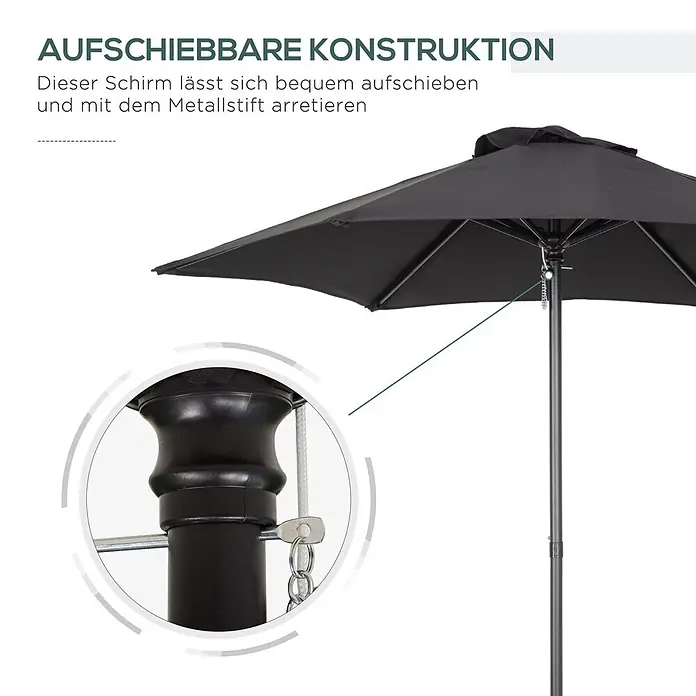 Outsunny Marktschirm rund - Schwarz, Durchmesser Bespannung: 233 cm - Schwarzer Sonnenschirm mit Aufschiebefunktion und Metallstift zur Arretierung.