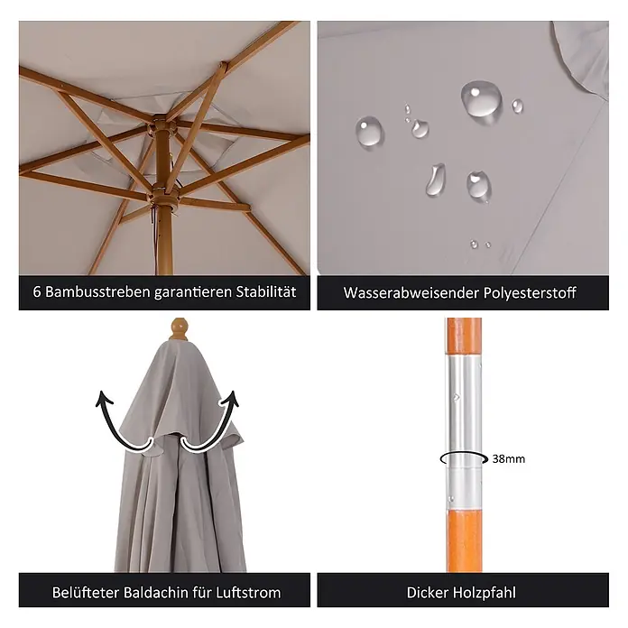 Outsunny Marktschirm rund - Grau, Durchmesser Bespannung: 250 cm - Heller grauer Sonnenschirm mit Holzrahmen, wasserabweisendem Stoff, belüftetem Dach und stabilem 38mm Holzpfahl.