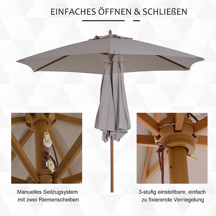 Outsunny Marktschirm rund - Grau, Durchmesser Bespannung: 250 cm - Hellgrauer Sonnenschirm mit Holzrahmen, zeigt manuelles Seilzugsystem und 3-stufige Verriegelung für einfaches Öffnen und Schließen.