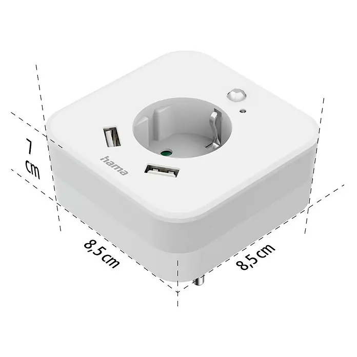 Hama LED-Nachtlicht 00223507 mit Steckdose 2 USB-Ausgänge Bewegungsmelder Lichtsensor -  - Weißer Hama Steckdosenadapter mit AC- und USB-Anschlüssen, 7x8,5x8,5 cm.