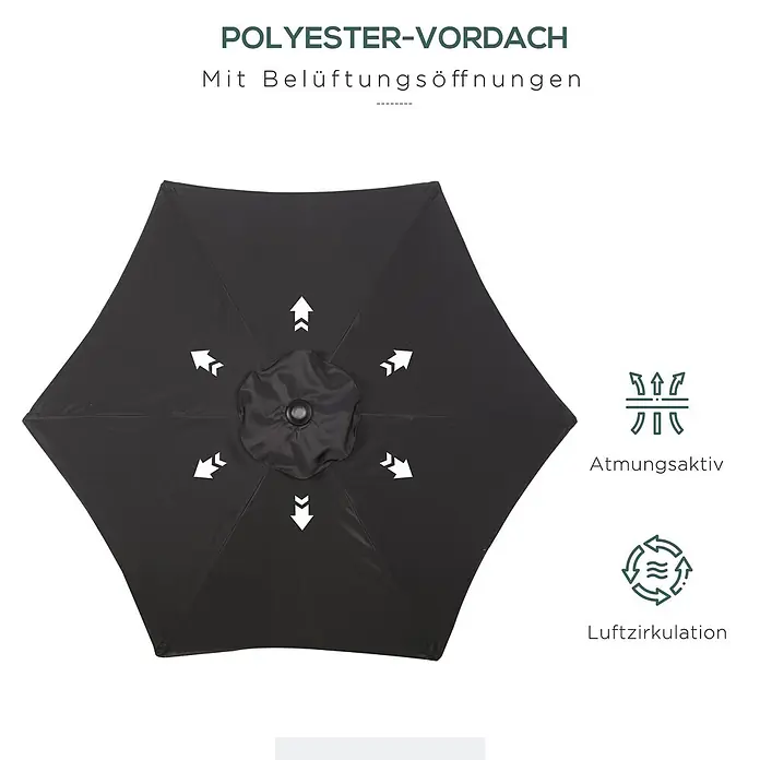 Outsunny Marktschirm rund - Schwarz, Durchmesser Bespannung: 233 cm - Schwarzes sechseckiges Polyester-Sonnendach mit Lüftungspfeilen, betont Atmungsaktivität und Luftzirkulation.