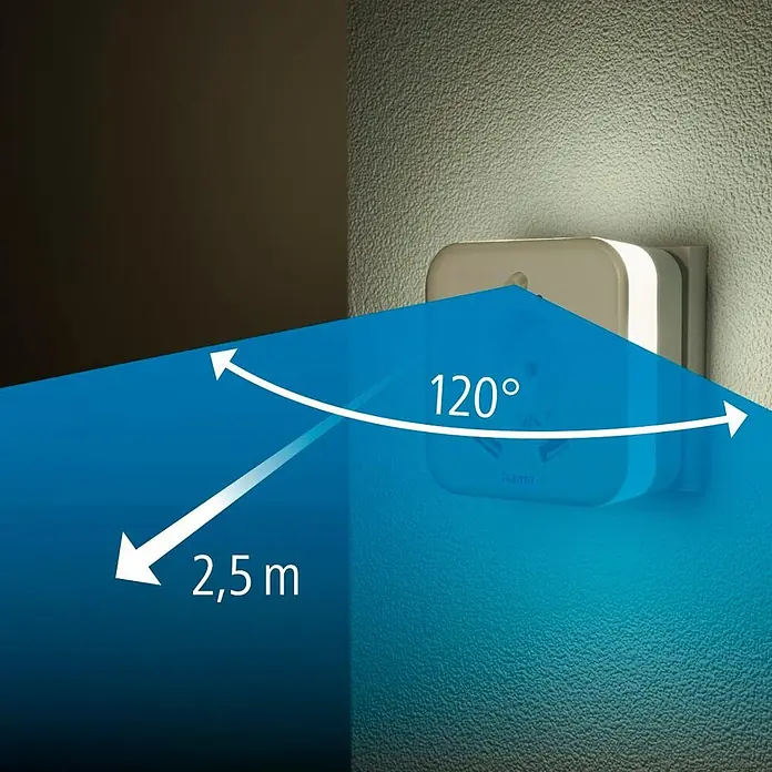Hama LED-Nachtlicht 00223507 mit Steckdose 2 USB-Ausgänge Bewegungsmelder Lichtsensor -  - Weißes Kunststoff-Nachtlicht mit Bewegungssensor an der Wand, leuchtet mit 120° Winkel und 2,5m Reichweite.