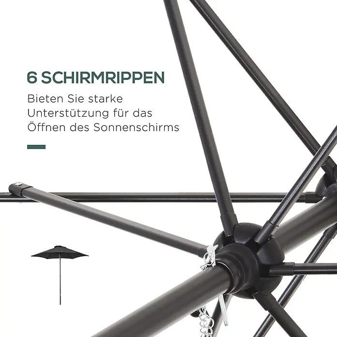 Outsunny Marktschirm rund - Schwarz, Durchmesser Bespannung: 233 cm - Nahaufnahme des schwarzen Metallgestells eines Sonnenschirms, das den Mittelpunkt und sechs stabile Stützen zeigt.