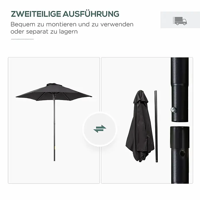 Outsunny Marktschirm rund - Schwarz, Durchmesser Bespannung: 233 cm - Schwarzer Sonnenschirm, zusammengebaut und in zwei Teile zerlegt für einfache Montage und Lagerung.