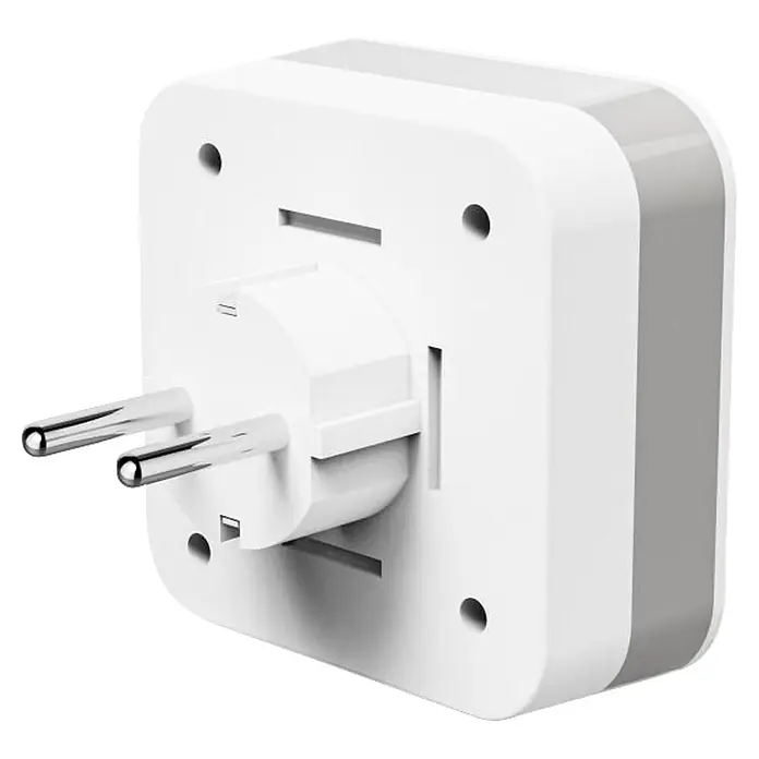 Hama LED-Nachtlicht 00223507 mit Steckdose 2 USB-Ausgänge Bewegungsmelder Lichtsensor -  - Weißer elektrischer Steckeradapter mit zwei Metallstiften und grauen Seiten.