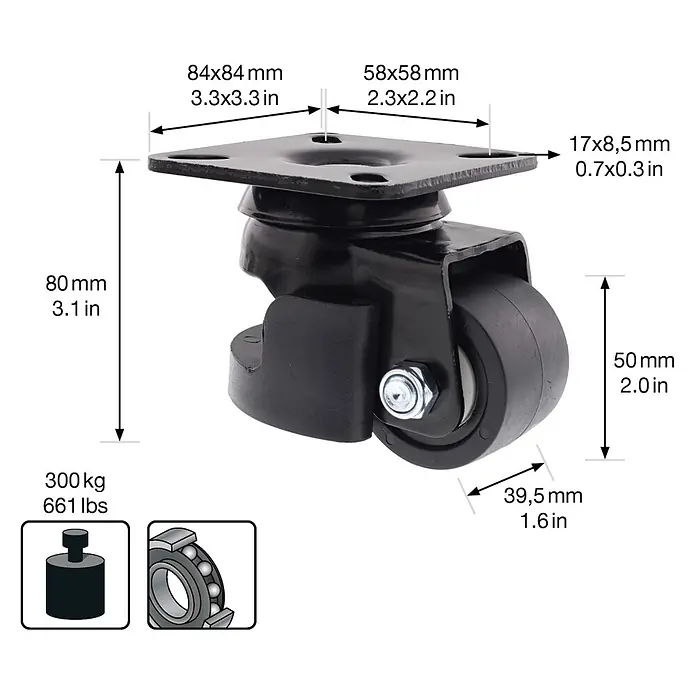 Wagner System Möbel-Lenkrolle RO 7950 - Durchmesser Rollen: 50 mm, Traglast: 300 kg, Kugellager, Mit Platte - Schwarze Lenkrolle mit quadratischer Montageplatte, 50mm Rad, 300kg Tragkraft und Kugellagern.