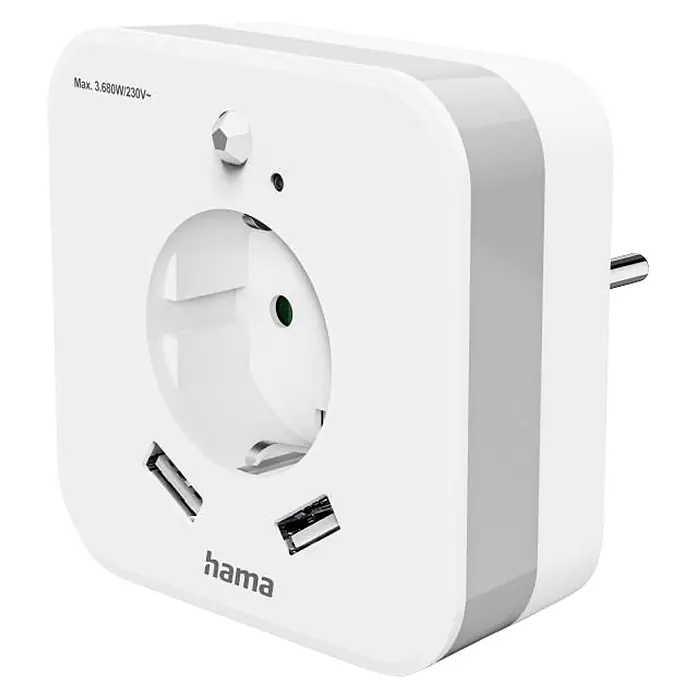 Hama LED-Nachtlicht 00223507 mit Steckdose 2 USB-Ausgänge Bewegungsmelder Lichtsensor -  - Weißer Hama Steckdosenadapter mit einer AC-Buchse und zwei USB-Anschlüssen, mit Seitenstecker.