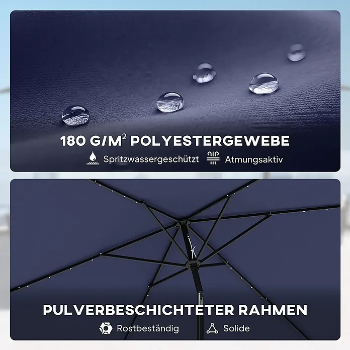 Outsunny Balkonschirm - Marineblau - Dunkelblauer Schirmstoff (180 g/m²) mit Wassertropfen und atmungsaktiven Eigenschaften, dazu ein schwarzer pulverbeschichteter, rostbeständiger Rahmen mit Lichtern.