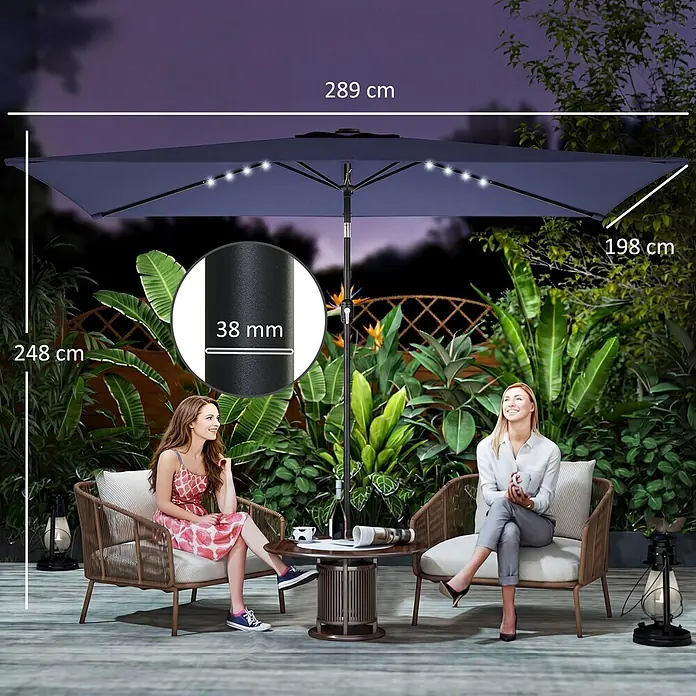 Outsunny Balkonschirm - Marineblau - Dunkelblauer, rechteckiger Terrassenschirm mit Solar-LEDs, 289x198 cm Schirmfläche, 248 cm hoch, 38 mm Stange, beleuchtet einen Sitzbereich im Freien.