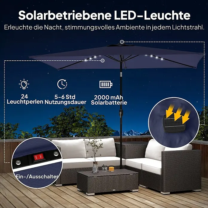 Outsunny Balkonschirm - Marineblau - Dunkelblauer solarbetriebener LED-Sonnenschirm, der eine gemütliche Terrasse bei Nacht beleuchtet.