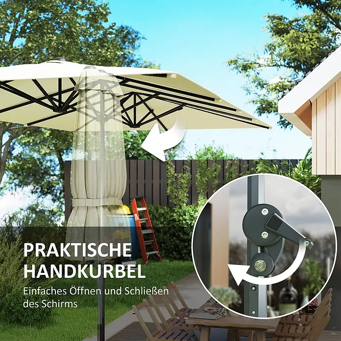 Outsunny Marktschirm - Cremeweiß - Großer beiger Ampelschirm im Garten. Einsatz zeigt praktische dunkelgraue Handkurbel zum einfachen Öffnen und Schließen.
