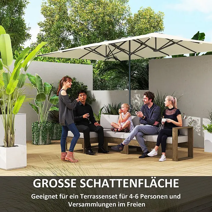 Outsunny Marktschirm - Cremeweiß - Großer beiger Ampelschirm spendet ausgedehnten Schatten über einer Terrassengruppe für 4-6 Personen.