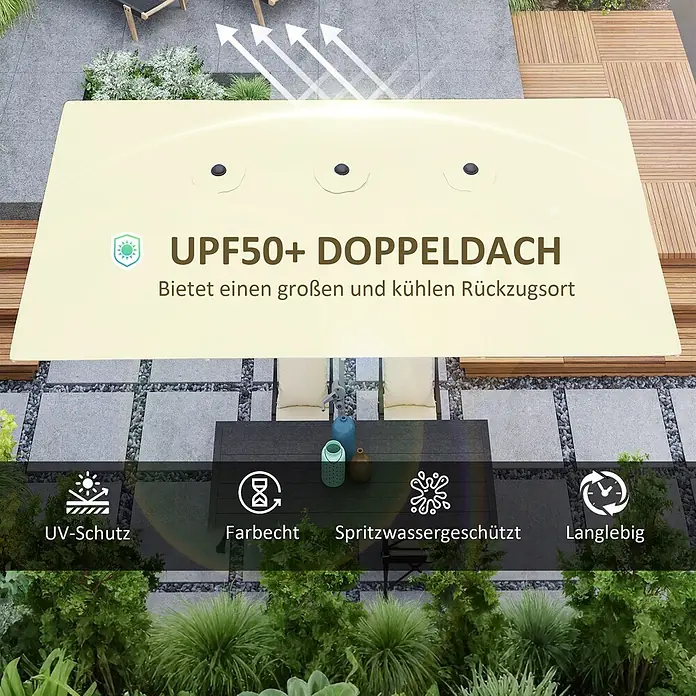 Outsunny Marktschirm - Cremeweiß - Cremefarbenes UPF50+ Doppeldach. Bietet kühlen Schatten über einem Essbereich im Freien, mit UV-Schutz, Farbechtheit, Spritzwasserschutz und Langlebigkeit.