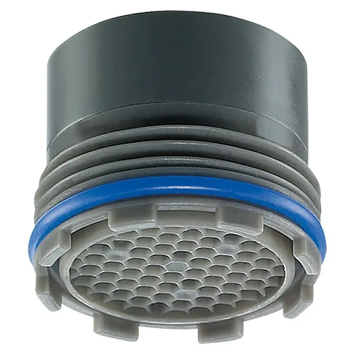 Admiral Strahlregler 7 - M16,5, Kunststoff - Nahaufnahme eines grauen Wasserhahn-Luftsprudlers mit blauem Dichtungsring und wabenförmigem Sieb. Das Produkt ist für Wasserhähne.