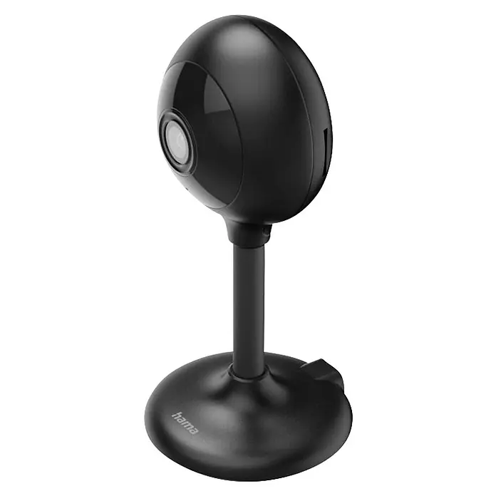 Hama Überwachungskamera 00176651 WLAN innen Nachtsicht Bewegungssensor 1080p -  - Schwarze Desktop-Webcam mit rundem Kopf und stabilem Standfuß.