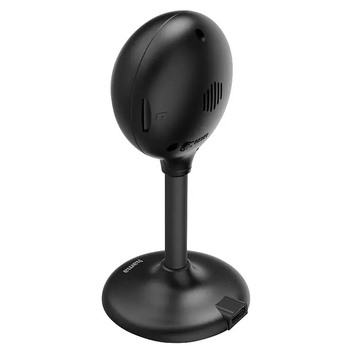 Hama Überwachungskamera 00176651 WLAN innen Nachtsicht Bewegungssensor 1080p -  - Schwarze, matte Desktop-Webcam auf einem Ständer, mit ovalem Kopf, Gitteröffnung und USB-Anschluss am Sockel.
