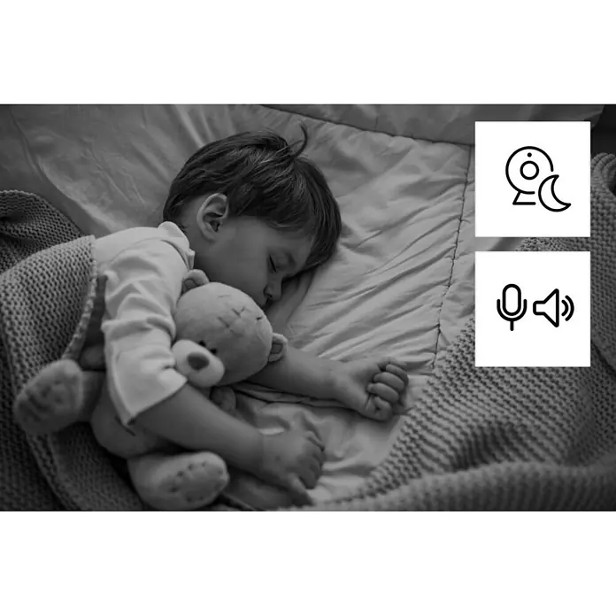 Hama Überwachungskamera 00176651 WLAN innen Nachtsicht Bewegungssensor 1080p -  - Babyfon-Symbole neben schlafendem Kind mit Teddybär, zeigen Nachtsicht und Gegensprechfunktion.