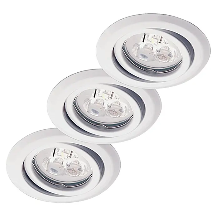 Tween Light Set de focos LED empotrables - 9 W, L x An x Al: 9,6 x 9,6 x 7 cm, Blanco, 3 ud., Blanco neutro - Primer plano de tres focos empotrables LED blancos, mostrando un sistema de iluminación interior moderno y energéticamente eficiente.