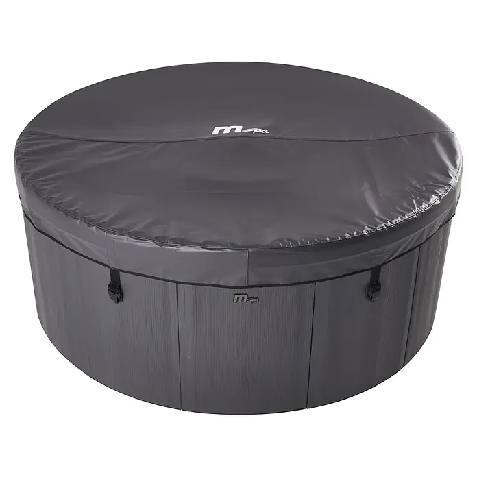 MSpa Mobil-Whirlpool Denver Frame - Ø x H: 182 x 70 cm, Grau, 970 l - Dunkelgrauer Whirlpool mit Holzmaserung an der Basis und passender Abdeckung mit M-Spa-Logo, gesichert durch Schnallen.