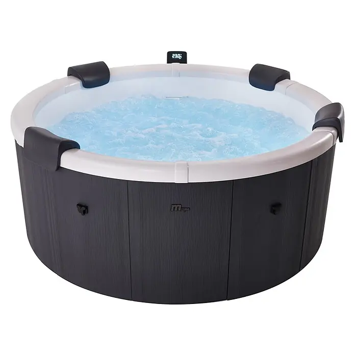 MSpa Mobil-Whirlpool Denver Frame - Ø x H: 182 x 70 cm, Grau, 970 l - Runder Whirlpool mit dunkelgrauem Holz-Effekt-Außenbereich, weißem Innenbereich, sprudelndem blauen Wasser und Digitalanzeige.
