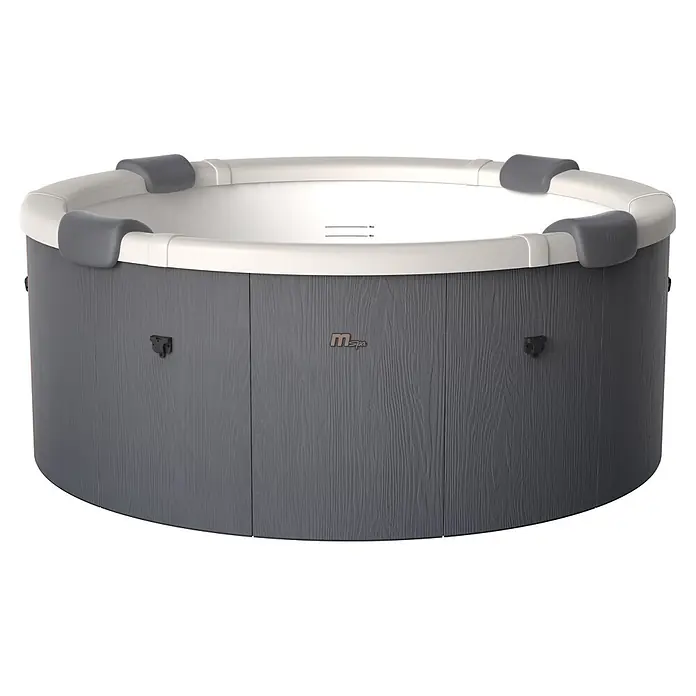 MSpa Mobil-Whirlpool Denver Frame - Ø x H: 182 x 70 cm, Grau, 970 l - Dunkelgrauer tragbarer Whirlpool mit Holzoptik, hellgrauem Rand und integrierten Kopfstützen, bereit zur Entspannung.