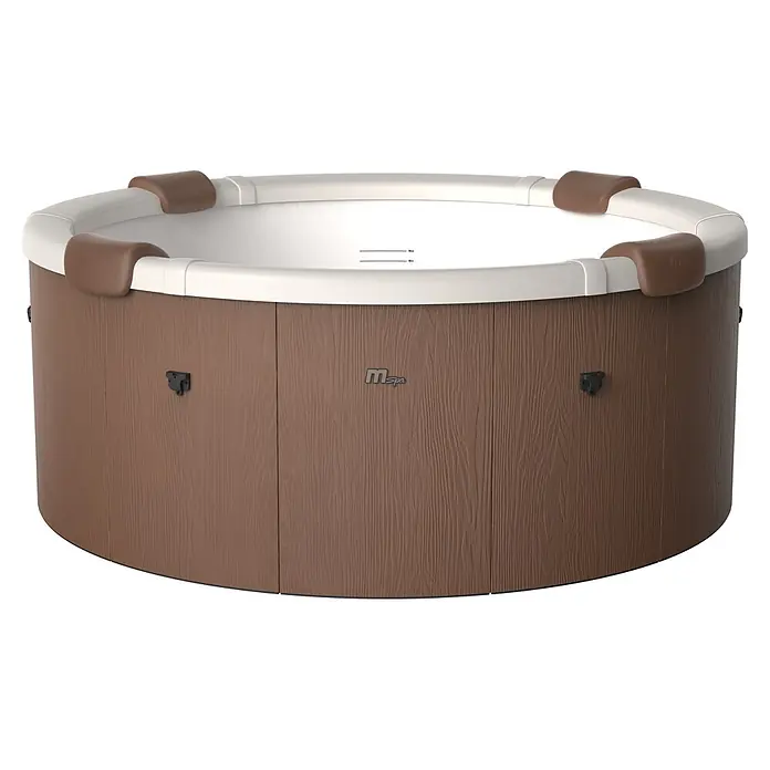 MSpa Mobil-Whirlpool Rowa Frame - Ø x H: 182 x 70 cm, Braun, 970 l - Brauner Whirlpool in Holzoptik mit weißem Rand, braunen Kopfstützen und Füllstandsanzeige.