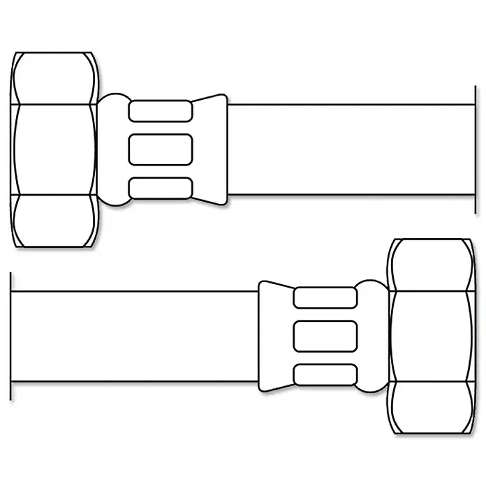 Panzerschlauch Flexo - 1 ¼″, Länge: 100 cm - Zwei schematische Darstellungen einer Rohranschlusskupplung mit Schraubmutter und Anschlussstutzen, technische Illustration.