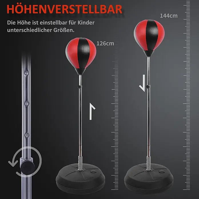 Homcom Boxsack - Rot - Höhenverstellbarer roter und schwarzer Boxsack für Kinder, gezeigt auf 126cm und 144cm, mit silbernem Ständer und schwarzem Fuß.