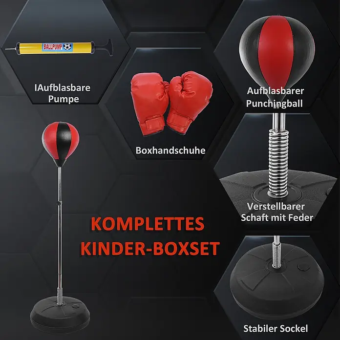 Homcom Boxsack - Rot - Komplettes Kinder-Boxset mit aufblasbarem Boxball, Boxhandschuhen, Pumpe und verstellbarem Ständer mit Feder und stabilem Sockel.