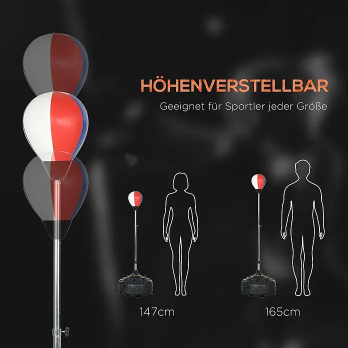 Sportnow Boxsack - Rot - Höhenverstellbarer Boxball mit rot-weiß-blauem Ball und schwarzem Standfuß, dargestellt mit Umrissen bei 147cm und 165cm Körpergröße.