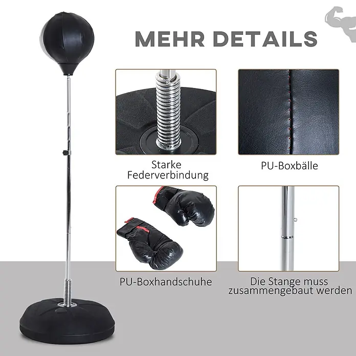 Homcom Boxsack - Schwarz - Schwarz Boxbirne Set mit verstellbarem Ständer, starker Federbasis, strapazierfähigem PU-Ball und PU-Boxhandschuhen.
