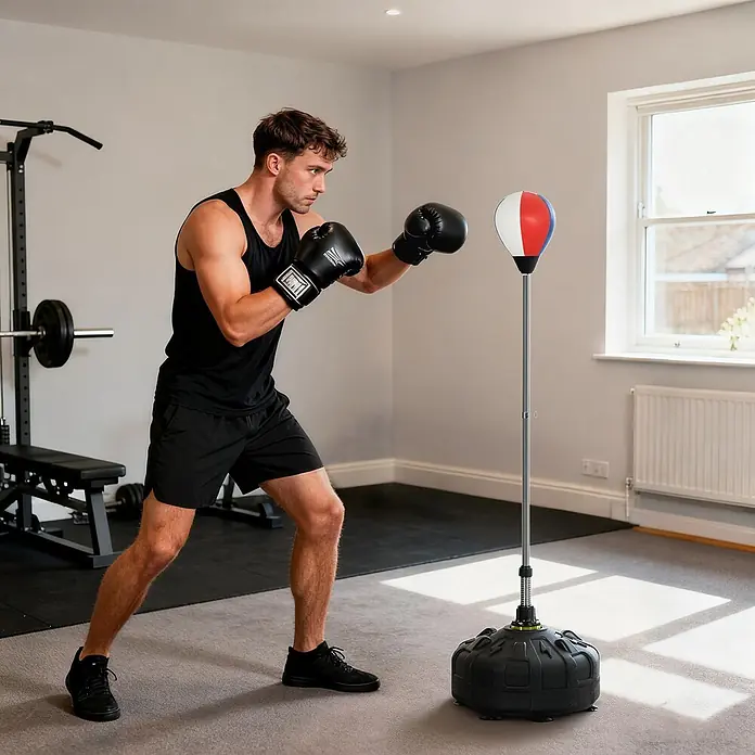 Sportnow Boxsack - Rot - Mann boxt mit einem rot-weiß-blauen freistehenden Boxsack mit schwarzem Sockel in einem Home-Gym.