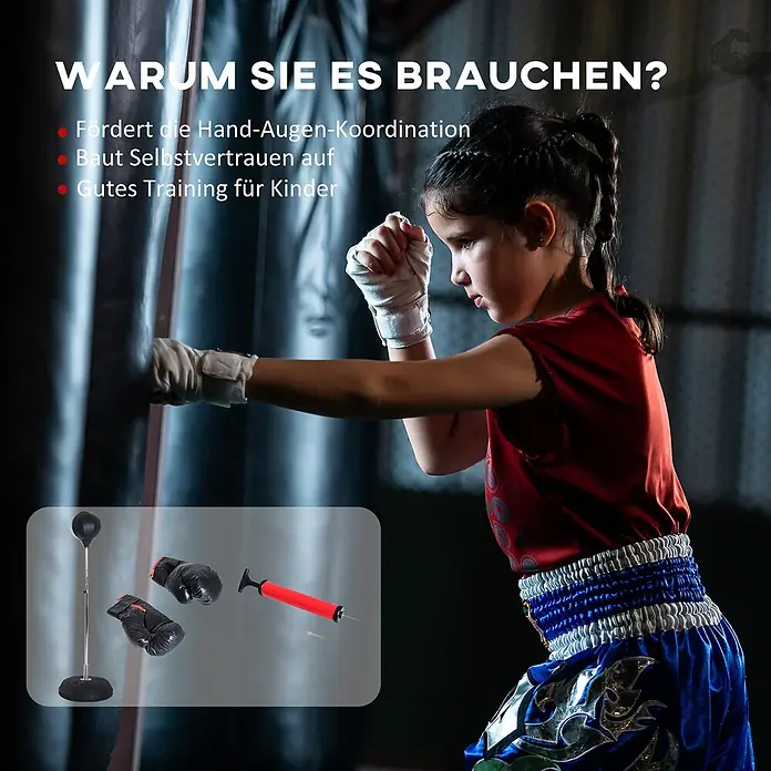 Homcom Boxsack - Schwarz - Freistehender schwarzer Boxball mit Handschuhen und Pumpe, von einem Kind zum Training verwendet.