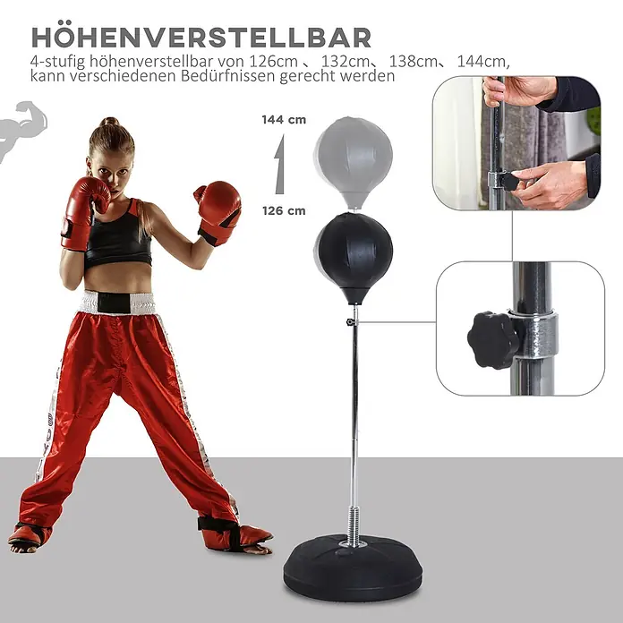 Homcom Boxsack - Schwarz - Höhenverstellbarer Boxsack in Schwarz und Grau mit silberner Stange und schwarzem Sockel, einstellbar von 126cm bis 144cm für Boxtraining.