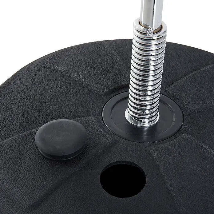 Homcom Boxsack - Schwarz - Nahaufnahme einer schwarzen, strukturierten Boxsackbasis mit Chromfeder, Stange, Gummikappe und Füllöffnung.