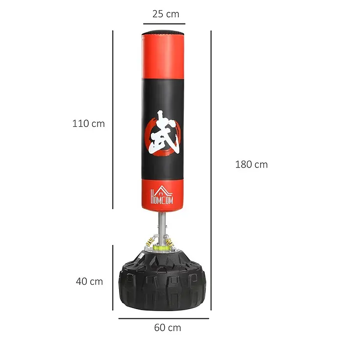 Homcom Boxsack - Schwarz - Freistehender schwarz-roter Boxsack mit schwerem Standfuß, 180 cm hoch.