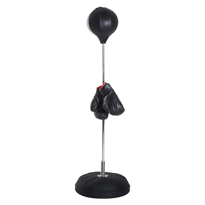 Homcom Boxsack - Schwarz - Schwarzer freistehender Reflexball mit schwarzen Boxhandschuhen am silbernen, verstellbaren Ständer.