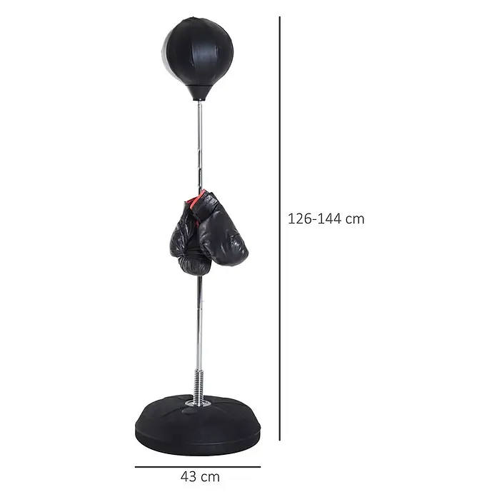 Homcom Boxsack - Schwarz - Schwarzer Standboxsack mit verstellbarem Chromständer und Boxhandschuhen. Höhe 126-144cm, Basis 43cm Durchmesser.